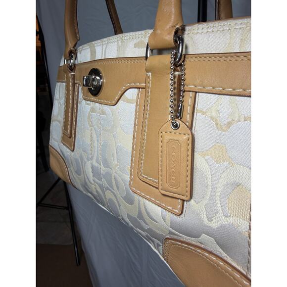 COACH Signature Canvas & Leather Satchel Beige/Khaki – Medium Turnlock Tote - Picture 4 of 9